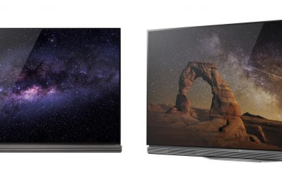 Front view of LG’s flagship 4K HDR-enabled OLED TV model E6 next to the LG G6
