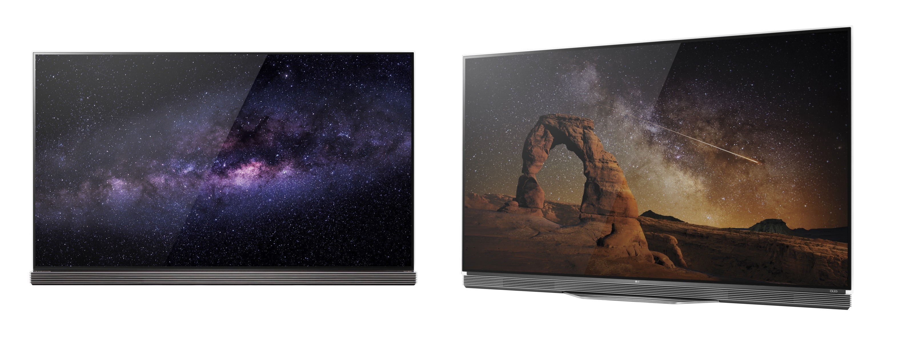Front view of LG’s flagship 4K HDR-enabled OLED TV model E6 next to the LG G6