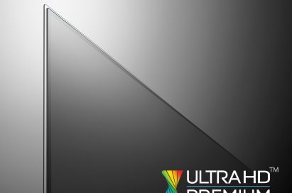 A close-up of the upper left corner of the LG OLED TV with the ULTRA HD PREMIUM logo displayed at the bottom right