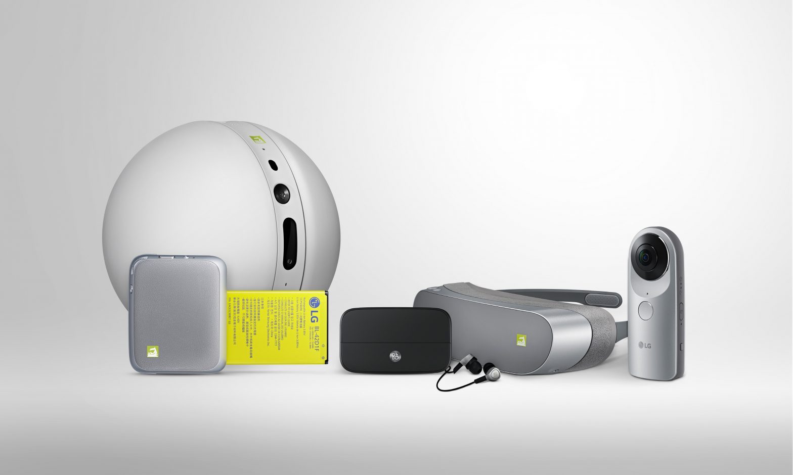 Front view of the LG G5 Friends, which includes the LG Rolling Bot, LG CAM Plus, LG Hi-Fi Plus with B&O PLAY, LG 360 VR and LG 360 CAM, side-by-side