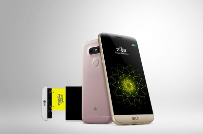 The front and back view of the LG G5 in Silver, Pink and Gold, with the Silver LG G5