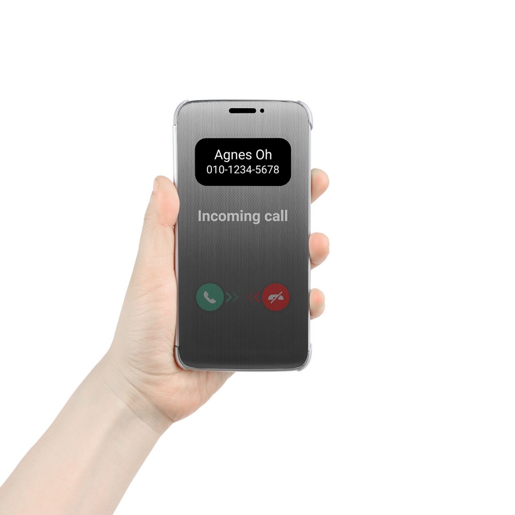 A person holds the LG G5, covered by the LG Quick Cover, receiving an incoming call