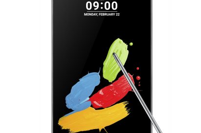 Front view of LG Stylus 2 in Titan and its pen with a nano-coated tip on top of the screen