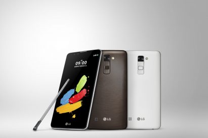 The front and back view of the LG Stylus 2 in Titan, Brown and White