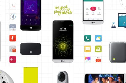 Wallpaper displaying the LG G5, the newly upgraded icons of the LG G5 GUI, and various companion devices, such as the LG CAM Plus, LG Hi-Fi Plus with B&O PLAY, Rolling Bot and 360 CAM