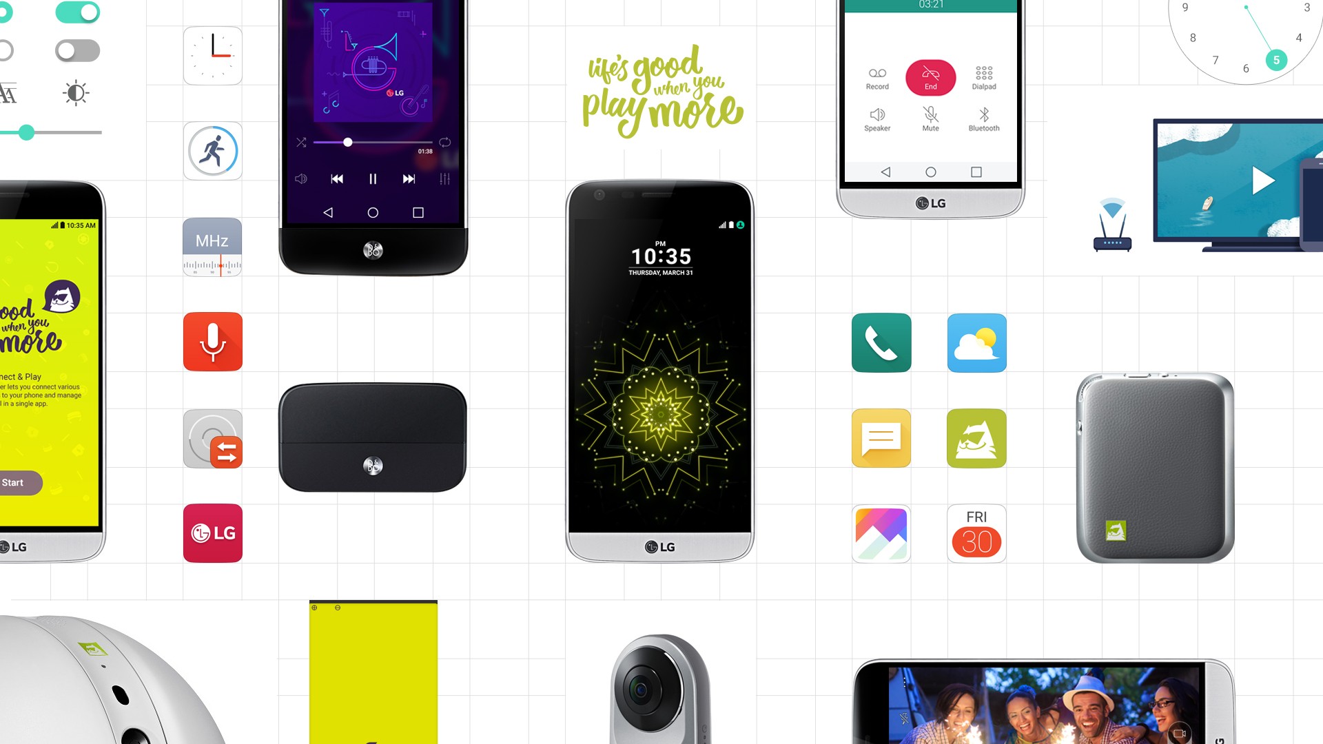 Wallpaper displaying the LG G5, the newly upgraded icons of the LG G5 GUI, and various companion devices, such as the LG CAM Plus, LG Hi-Fi Plus with B&O PLAY, Rolling Bot and 360 CAM