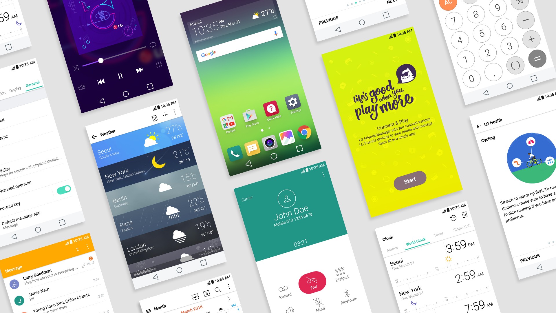 Various screens of the LG G5 showing off its new GUI