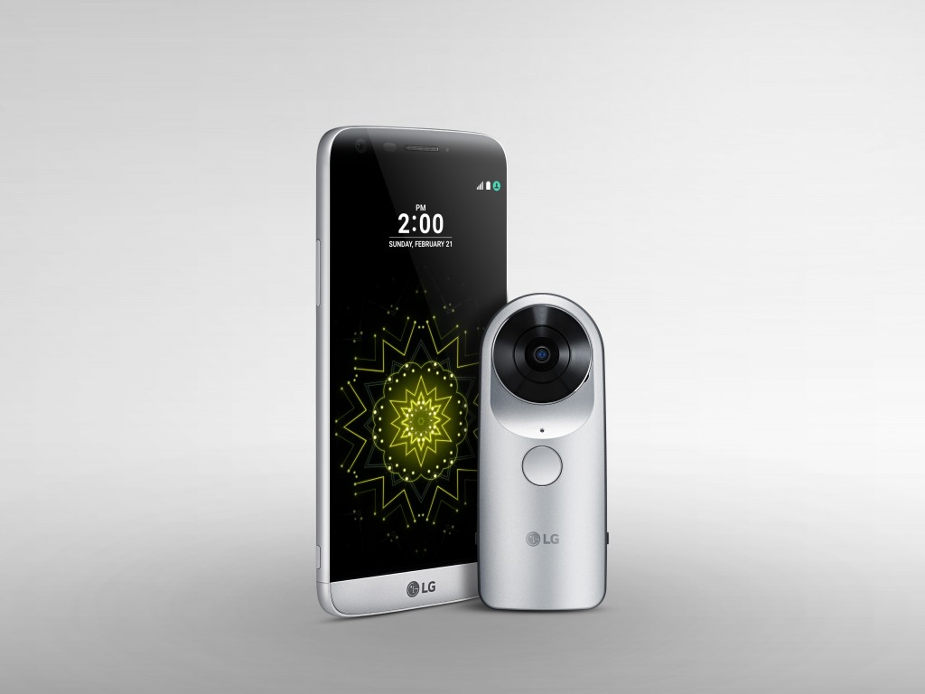 The front view of the LG G5 and the LG 360 CAM, both in Silver