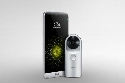 The front view of the LG G5 and the LG 360 CAM, both in Silver