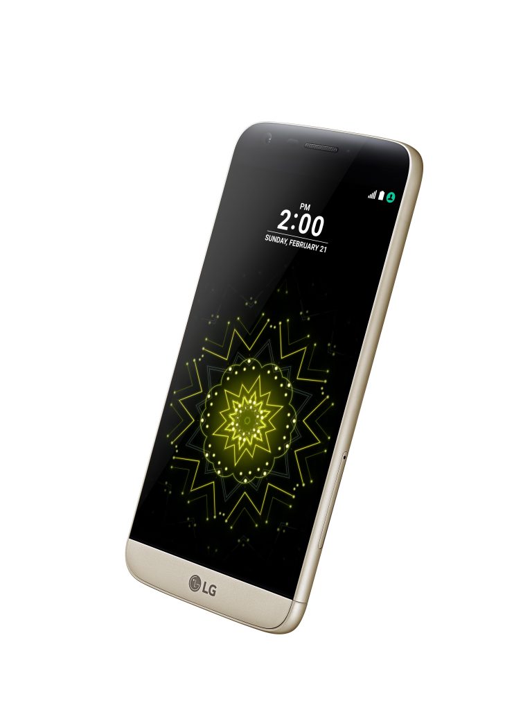 The front, right side view of the LG G5 in Gold