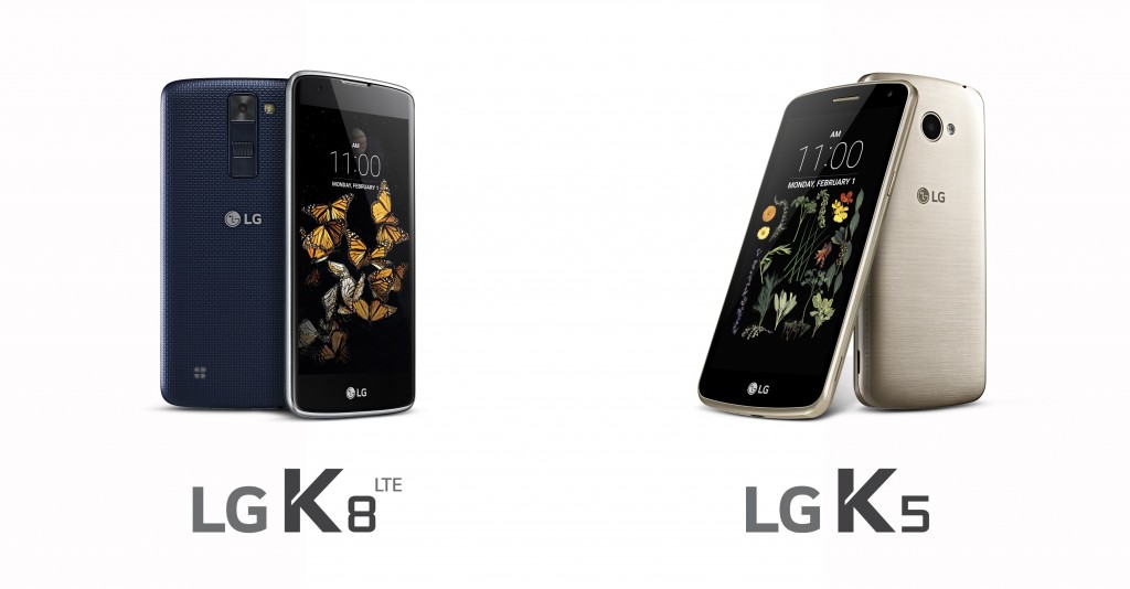The front and back view of the LG K8 in Indigo and the front and back view of the LG K5 in Gold