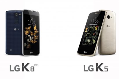 The front and back view of the LG K8 in Indigo and the front and back view of the LG K5 in Gold
