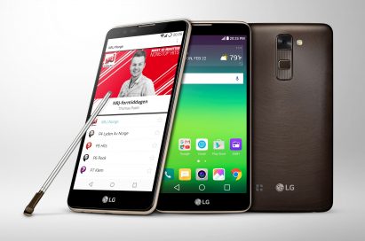 The right side, font and back view of the LG Stylus 2 in Brown