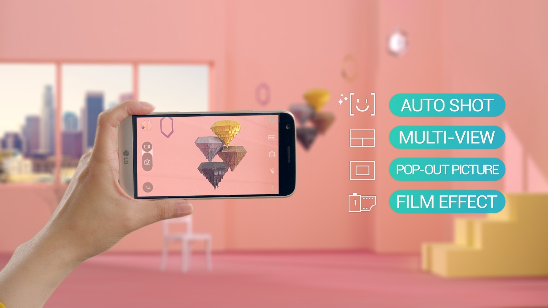 A person holds the LG G5 while taking a picture of decorations, with icons on the right displaying newly added camera features, such as Auto Shot, Multi View, Pop-out Picture and Film Effect