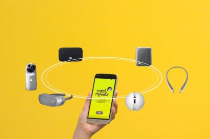A person holds the LG G5 in Silver, with the LG G5 friends (LG 360 CAM, LG Hi-Fi Plus with B&O PLAY, LG CAM Plus, LG TONE Platinum™, LG Rolling Bot, LG 360 VR) rotating above it