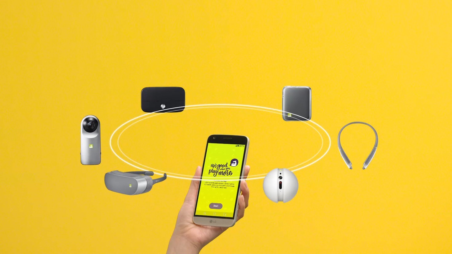 A person holds the LG G5 in Silver, with the LG G5 friends (LG 360 CAM, LG Hi-Fi Plus with B&O PLAY, LG CAM Plus, LG TONE Platinum™, LG Rolling Bot, LG 360 VR) rotating above it