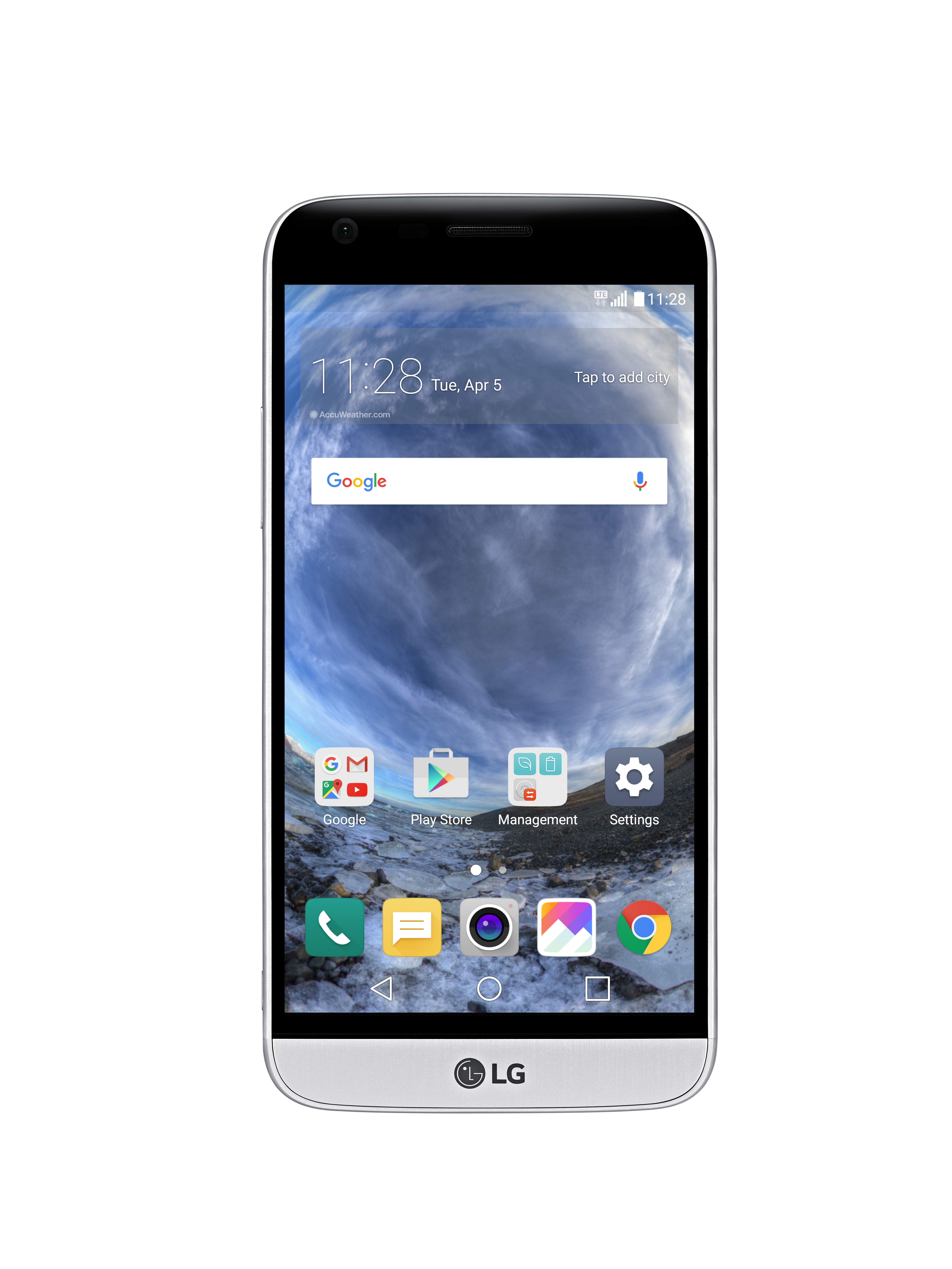 The front view of the LG G5 in Silver with the new 360-degree VR wallpaper displaying clouds