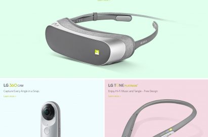 A screenshot of the LG Friends Online Portal, which includes detailed product pages for the LG CAM Plus, LG Hi-Fi Plus with B&O PLAY, LG 360 VR, LG 360 CAM, LG TONE Platinum™ and LG Rolling Bot