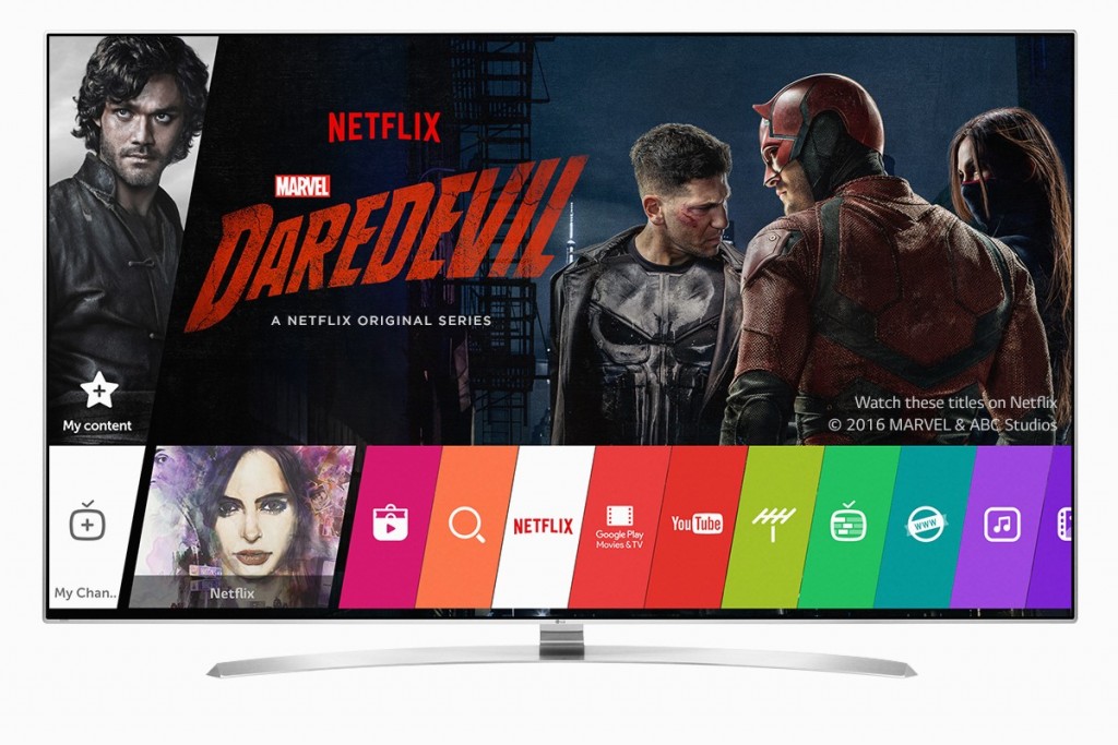 The main page of LG TV’s Smart TV platform with a preview of Netflix drama Daredevil.