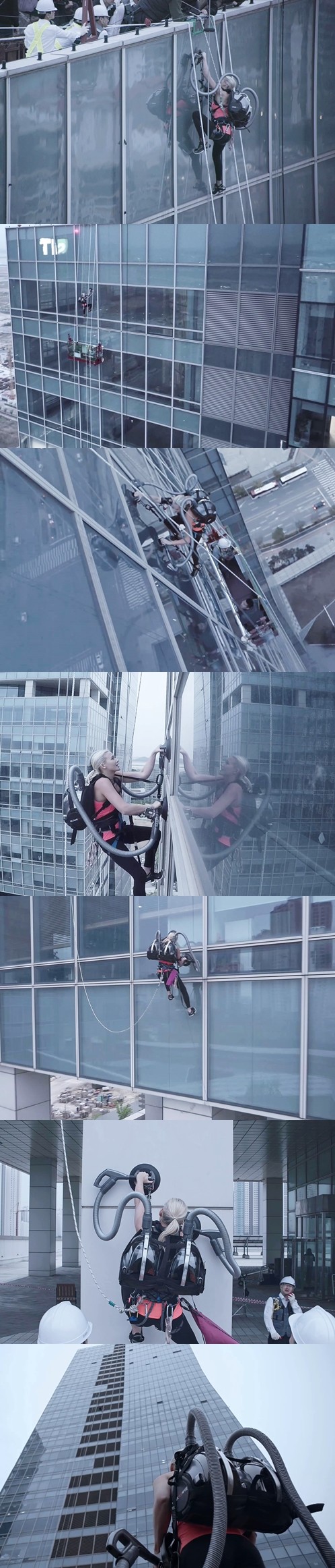 Series seven images showing Sierra climbing up the building with LG CordZero™ canister