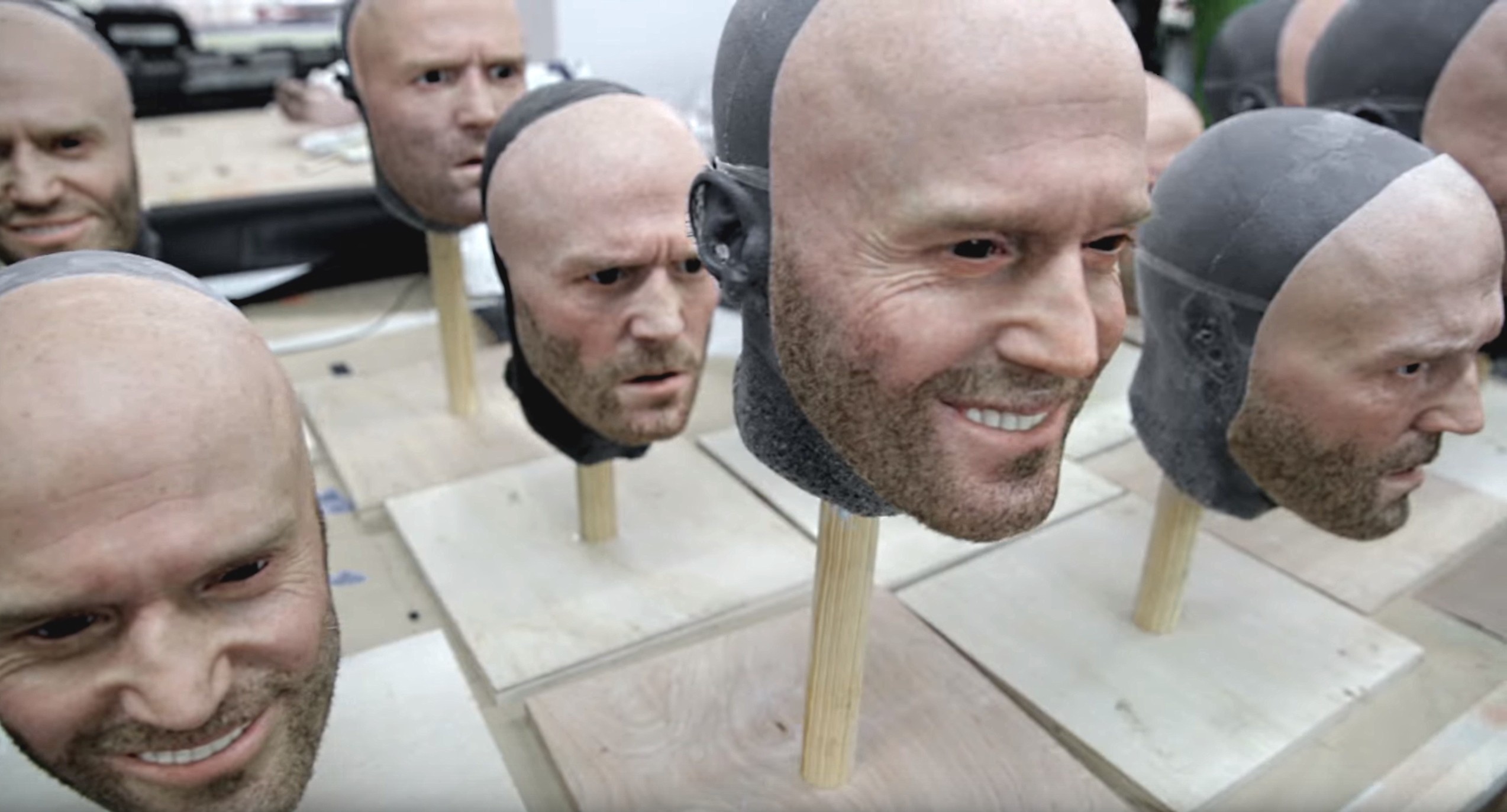 Various face masks of Jason Statham used during filming of LG G5 TV Commercial, ‘World of Play’