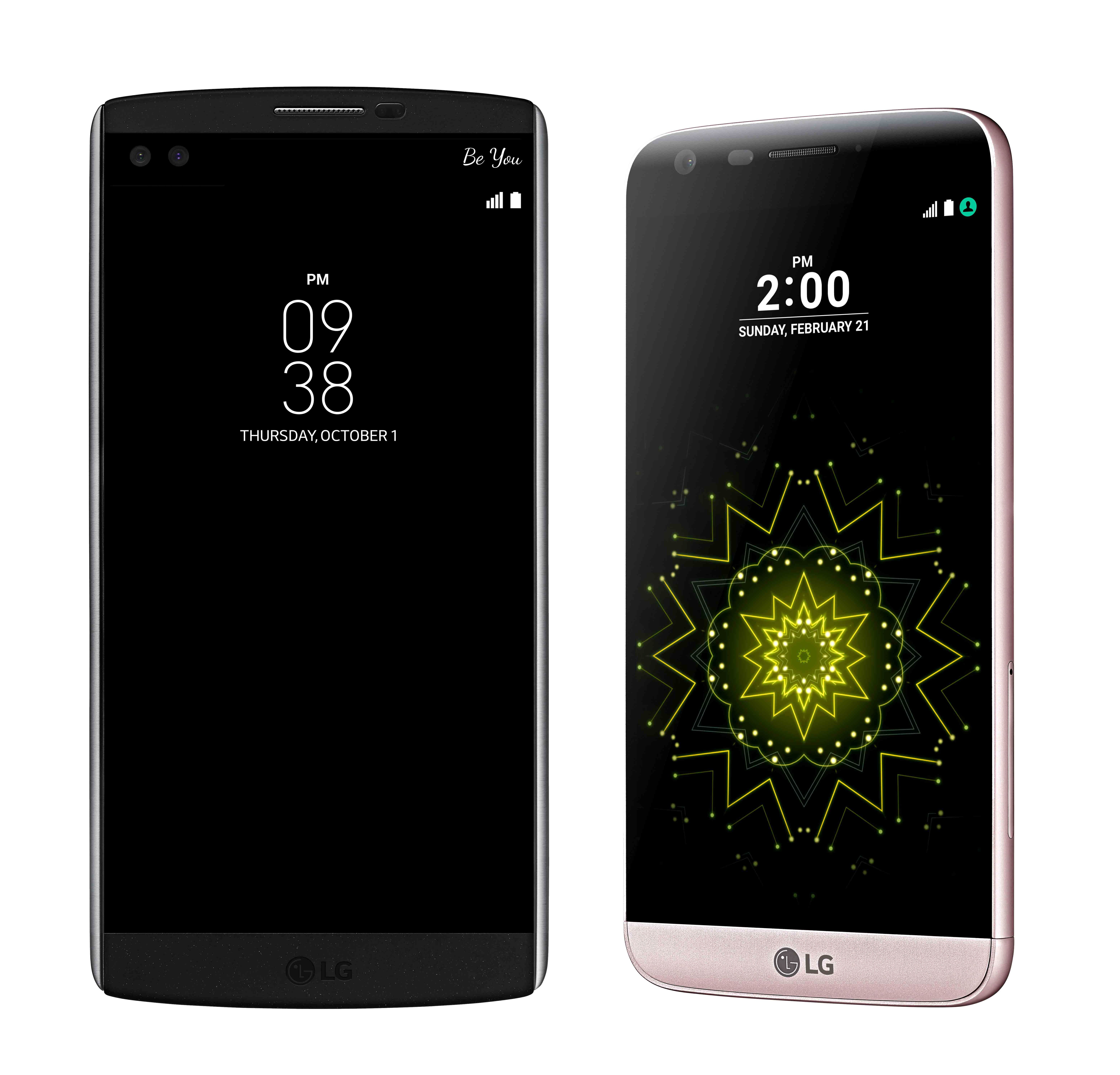 The front view of the LG V10 in Space Black and the LG G5 in Pink