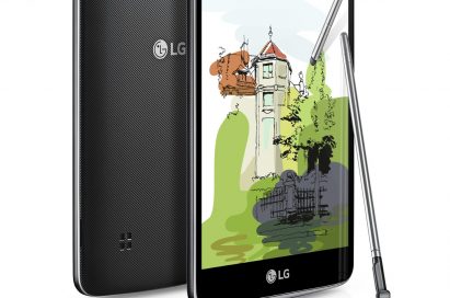 The front and back view of the LG Stylus 2 Plus in Titan