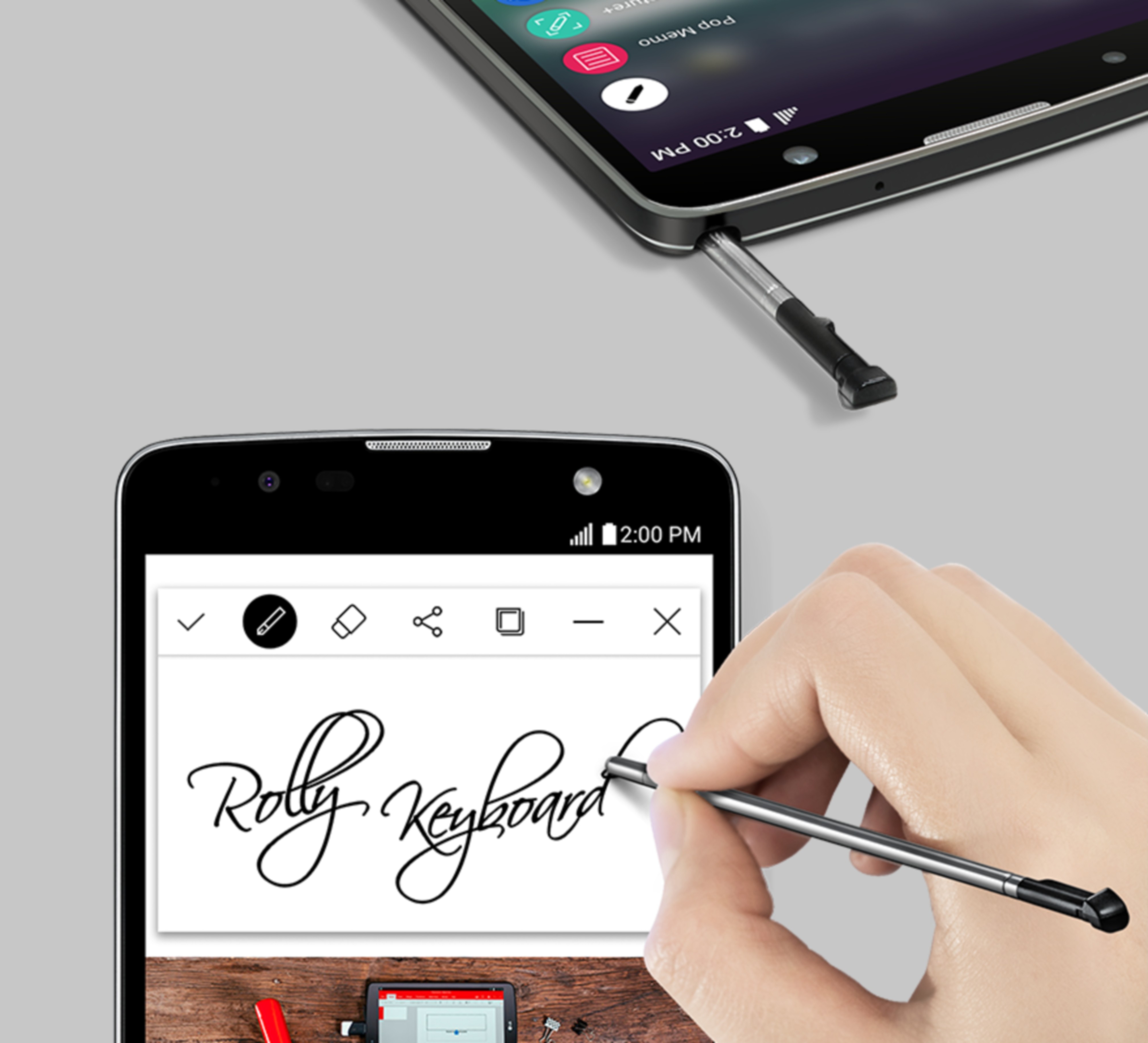 A person using the stylus to write ‘Rolly Keyboard’ in cursive on the LG Stylus 2 Plus