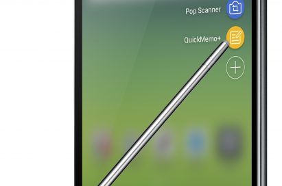 The front view of the LG Stylus 2 Plus, with the stylus pointing to the QuickMemo+ icon on the display menu