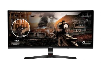 Front view of the LG 2016 21:9 UltraWide monitor model 34UC79G while playing a video game