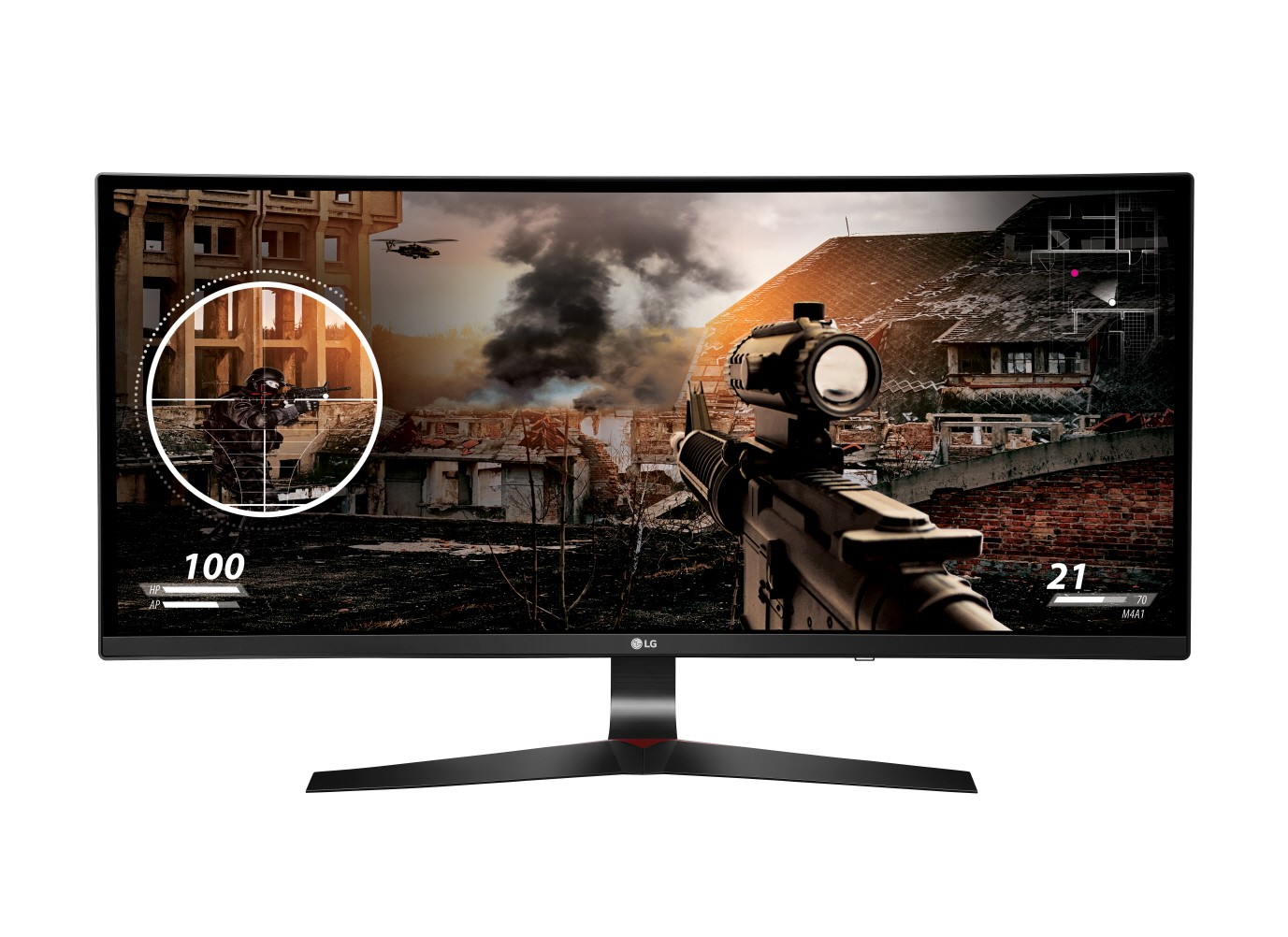 Front view of the LG 2016 21:9 UltraWide monitor model 34UC79G while playing a video game