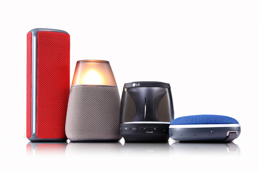 A collection of LG Bluetooth speakers.