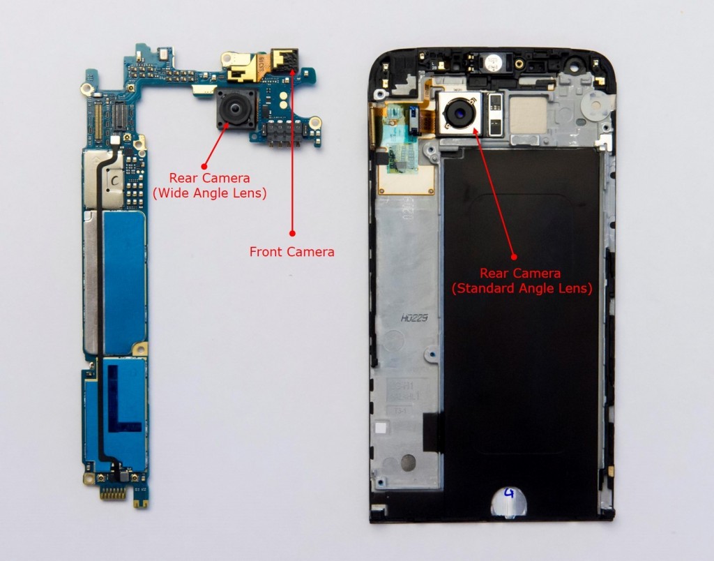 The LG G5’s two rear camera modules and front camera shown with other components
