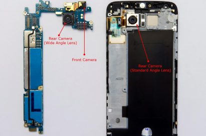 The LG G5’s two rear camera modules and front camera shown with other components