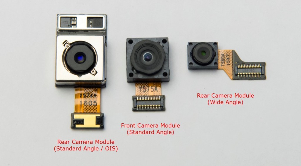 The LG G5’s two rear camera modules, and front camera module