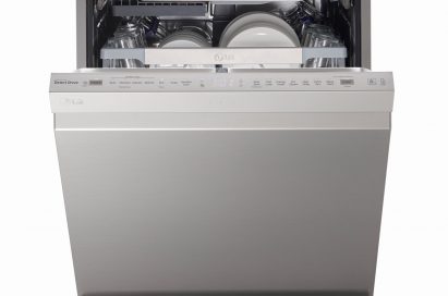 Front view of LG SteamClean™ dishwasher with its door opened