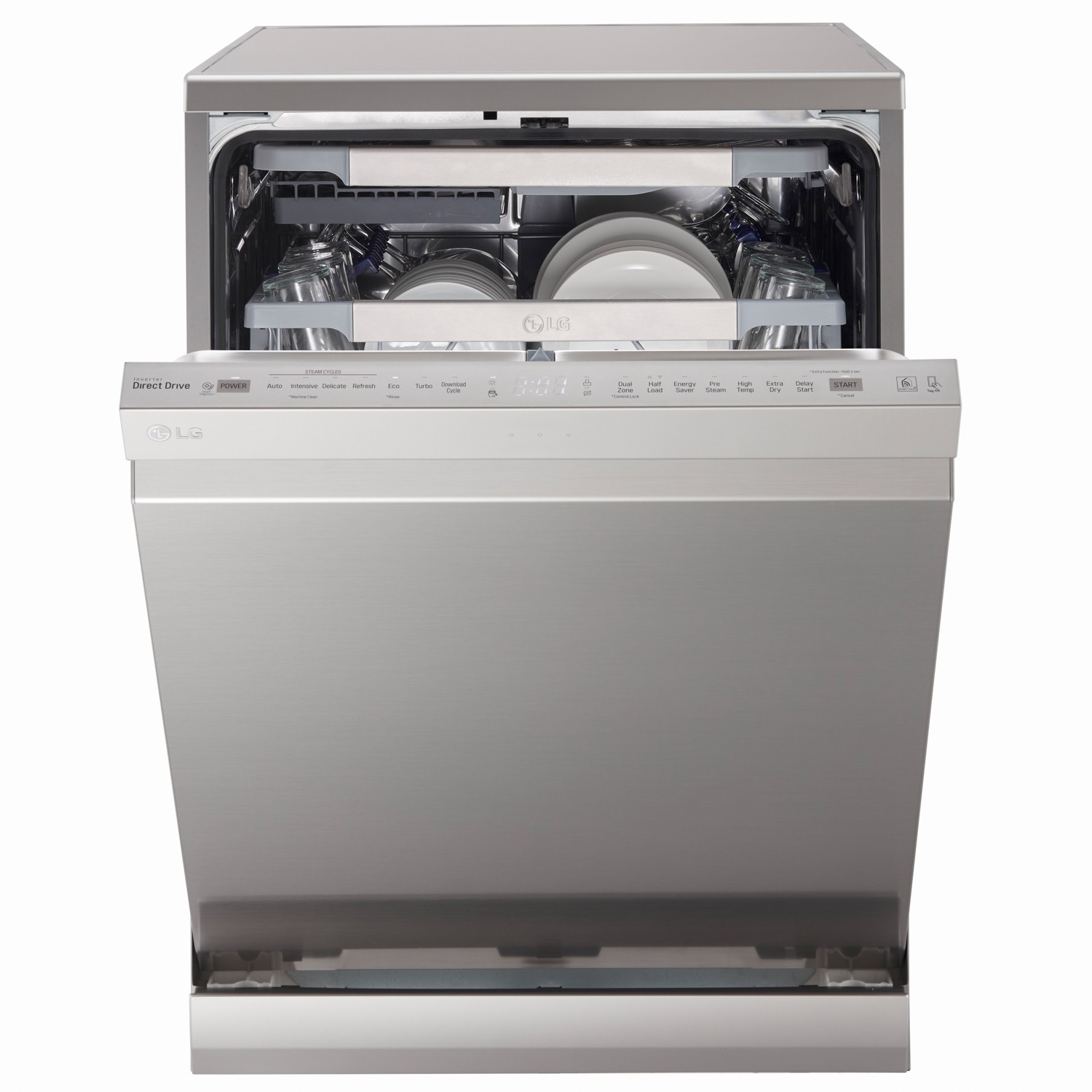 Front view of LG SteamClean™ dishwasher with its door opened