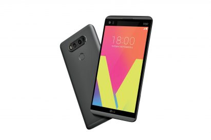 The front and rear view of the LG V20 in Titan