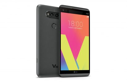 The front and rear view of the LG V20 in Titan