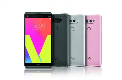 The front and rear view of the LG V20 in Titan, Silver and Pink