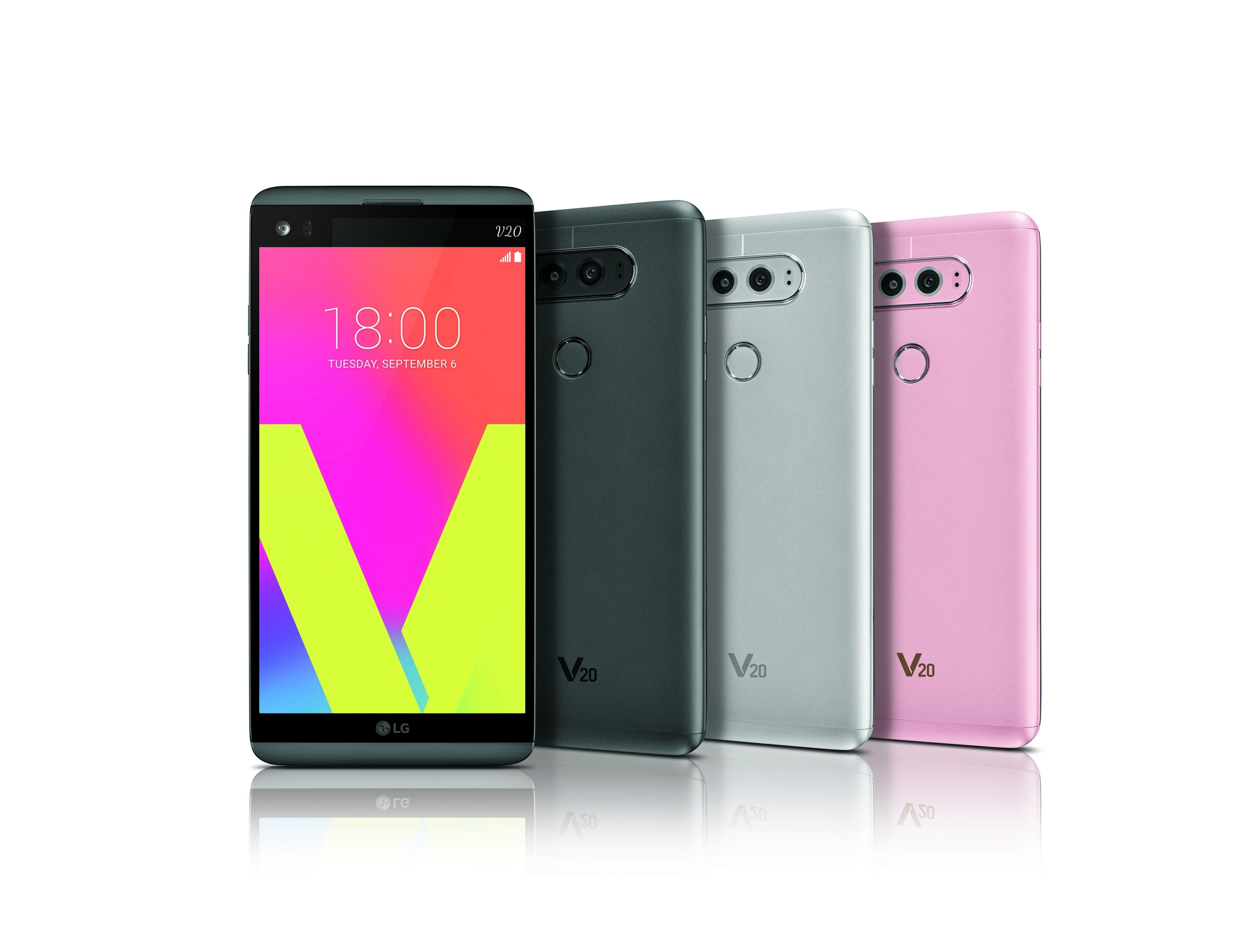 The front and rear view of the LG V20 in Titan, Silver and Pink