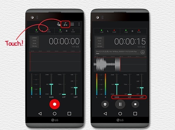 Two side-by-side LG V20 smartphones displaying the HD Audio Recorder’s Studio Mode