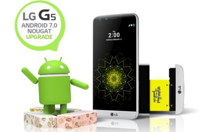 The front view of the LG G5 in Silver, with the Android Nougat logo with a speech bubble reading “LG G5 Android 7.0 Nougat Upgrade”