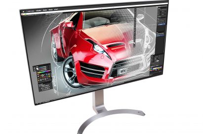 Above view of LG's HDR-compatible 32-inch UHD 4K monitor rotated 10 degrees to the right
