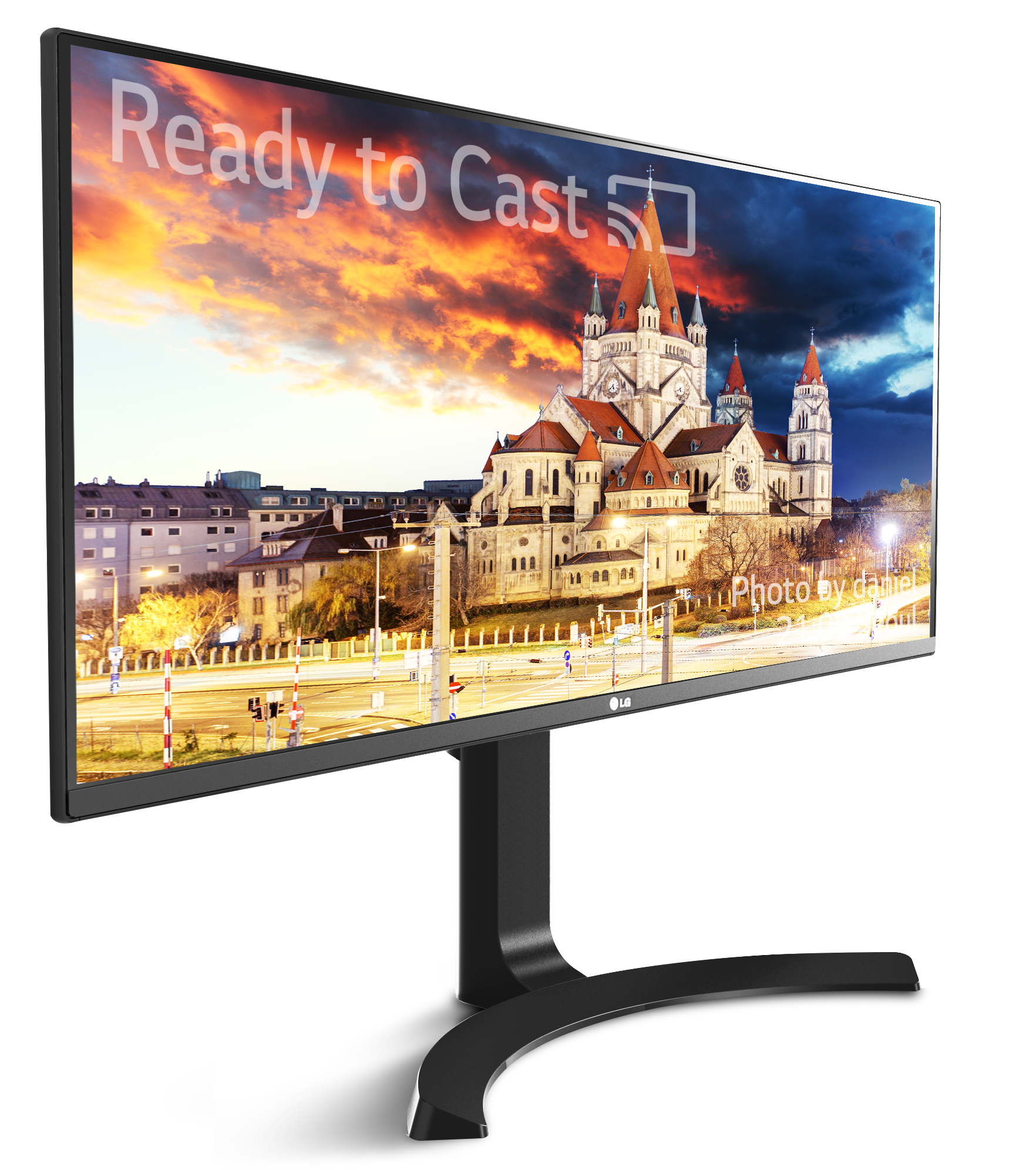 Front view of the LG 21:9 ULTRAWIDE MOBILE+ MONITOR facing 20 degrees to the right