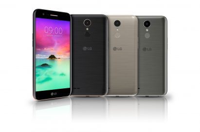 Front view of one model and back view of LG’s new K10 smartphone in three color variants