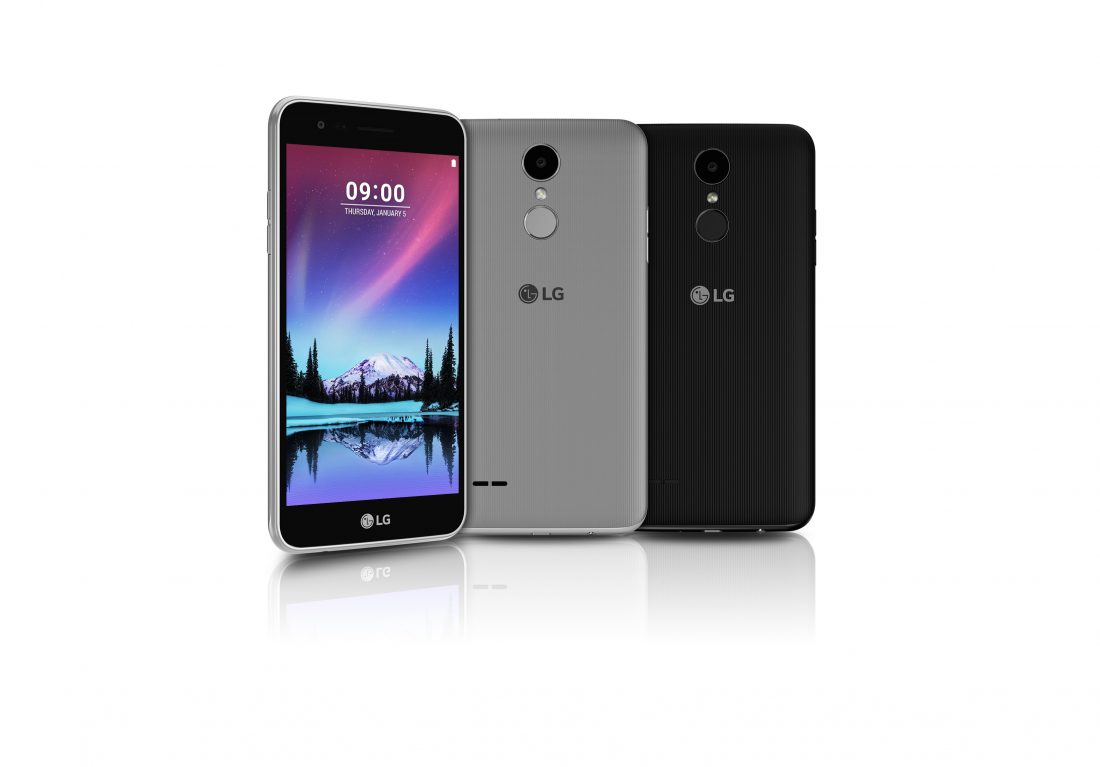 Front and back view of LG’s K4 smartphone in two color variations - gray and black