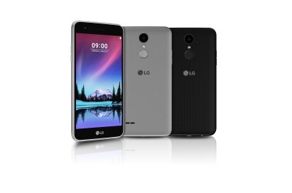 Front and back view of LG’s K4 smartphone in two color variations - gray and black