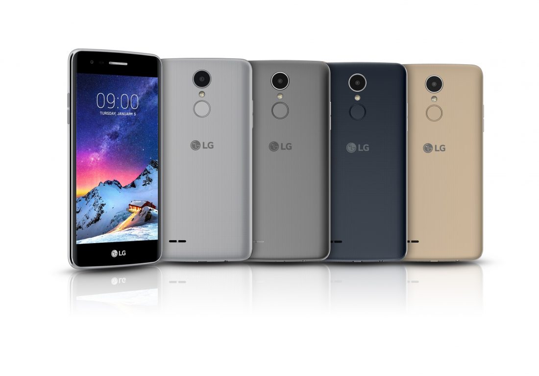 Front view of one model and back view of LG’s new K8 smartphone in four color variants