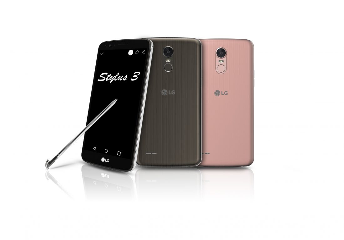 Front and rear view of LG Styler smartphones in two different colors while being put next to a stylus